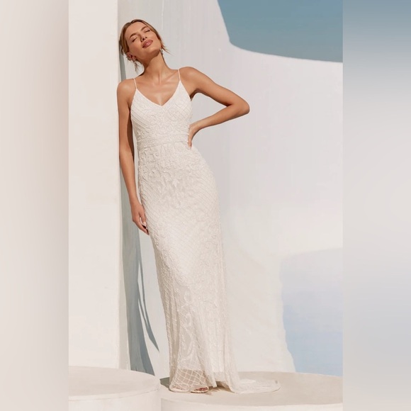Lulus Dresses & Skirts - Lulu's Cherished Vow White Beaded Backless Mermaid Maxi Wedding Dress